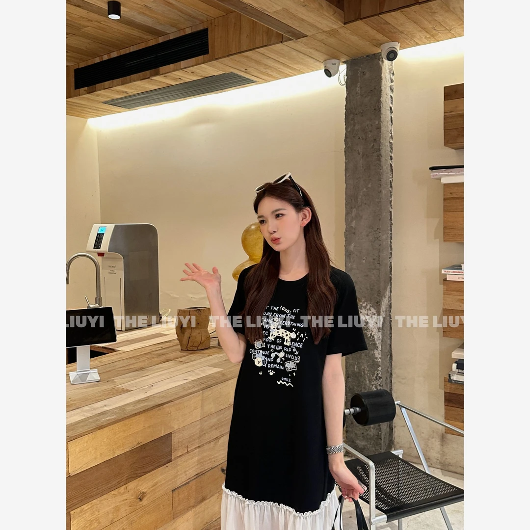 【LIUYI】慵懒日常~夏季慵懒短袖拼接T恤裙560228