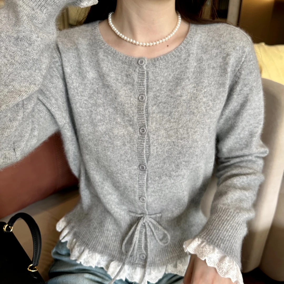 韩系甜美蕾丝花边浣熊纱收腰系带秋季宽松显瘦百搭圆领上衣TX039