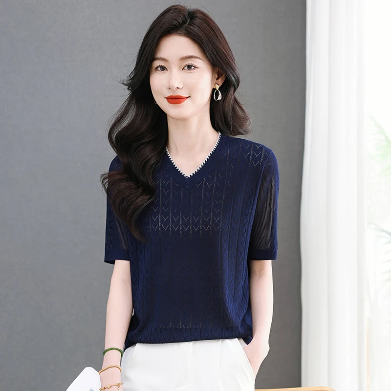 v领纯色镂空冰丝短袖夏季新款妈妈洋气百搭宽松显瘦针织t恤上衣女