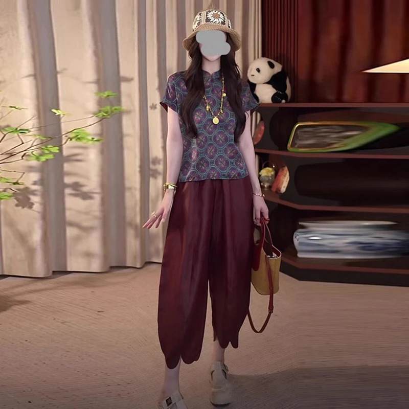 新中式国风女装2025新款印花立领短袖衬衫搭配花苞休闲裤两件套潮