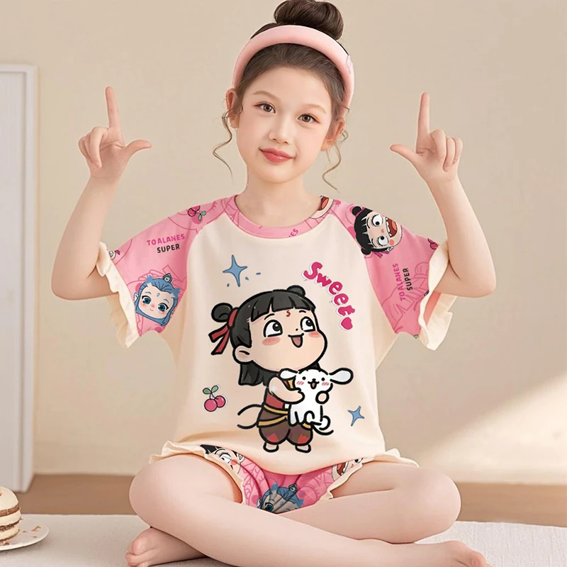 女童睡衣薄款夏季短袖纯棉儿童亲子中大童小女孩哪吒2025新款夏天