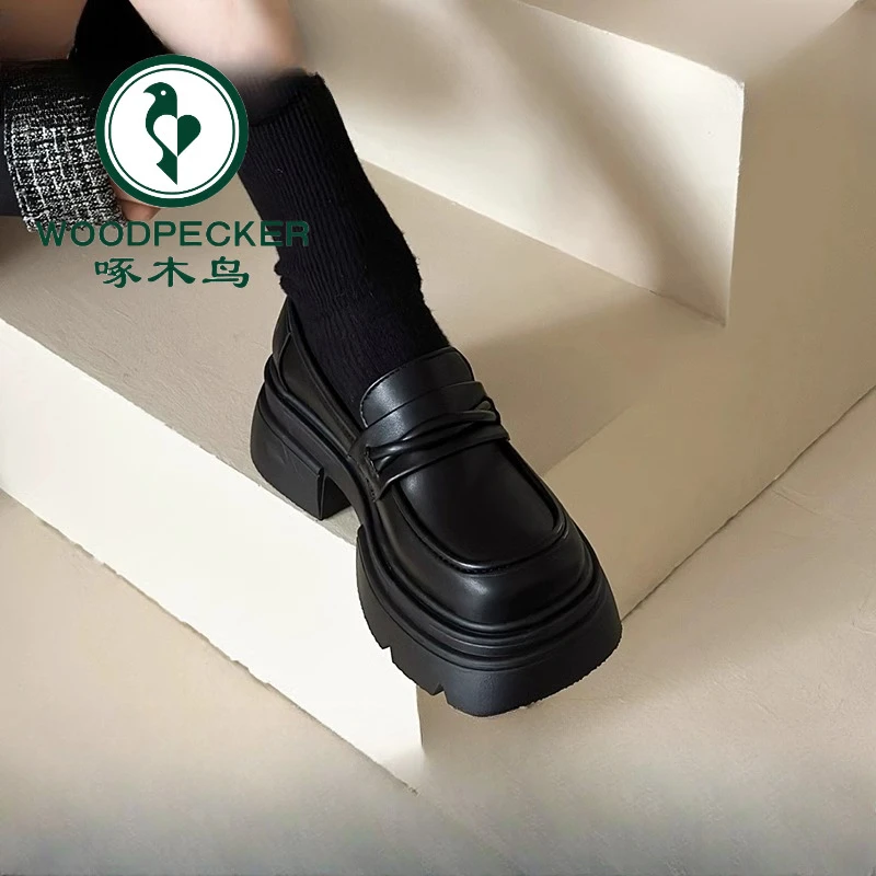 啄木鸟厚底粗跟英伦风小皮鞋女2025新款春秋季女鞋单鞋黑色乐福鞋