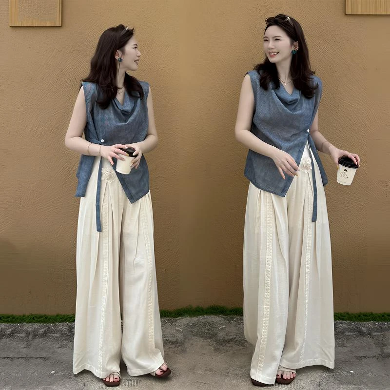 2025夏季新款系带荡领无袖背心上衣搭阔腿裤老钱风休闲时尚舒适