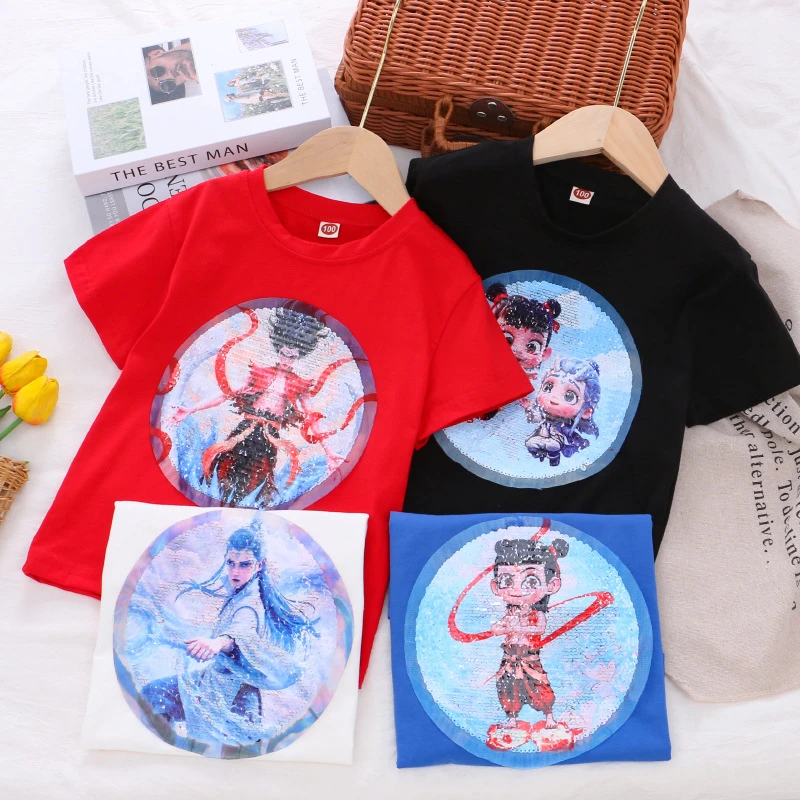 童装哪吒儿童服装夏季新款儿童变色亮片短袖T恤男童圆领哪吒短袖