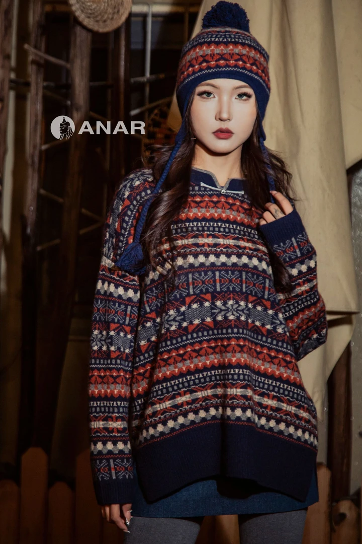 ANAR原创设计提花春秋冬季女圆领牦牛绒针织衫