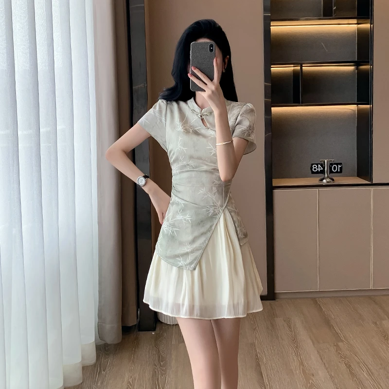 新中式国风旗袍夏季新款温柔风设计感气质收腰小个子假两件连衣裙