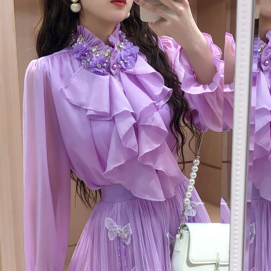 艾日秀春款2025洋气轻奢休闲欧若老钱风水钻喇叭长袖衬衫女E8728