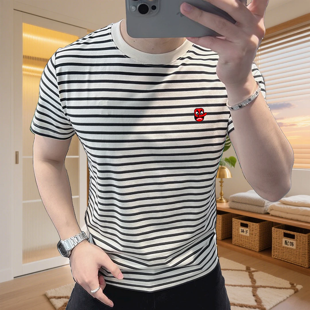 精致韩风时尚痞帅潮流条纹圆领刺绣短袖T恤2025夏季新款百搭男士