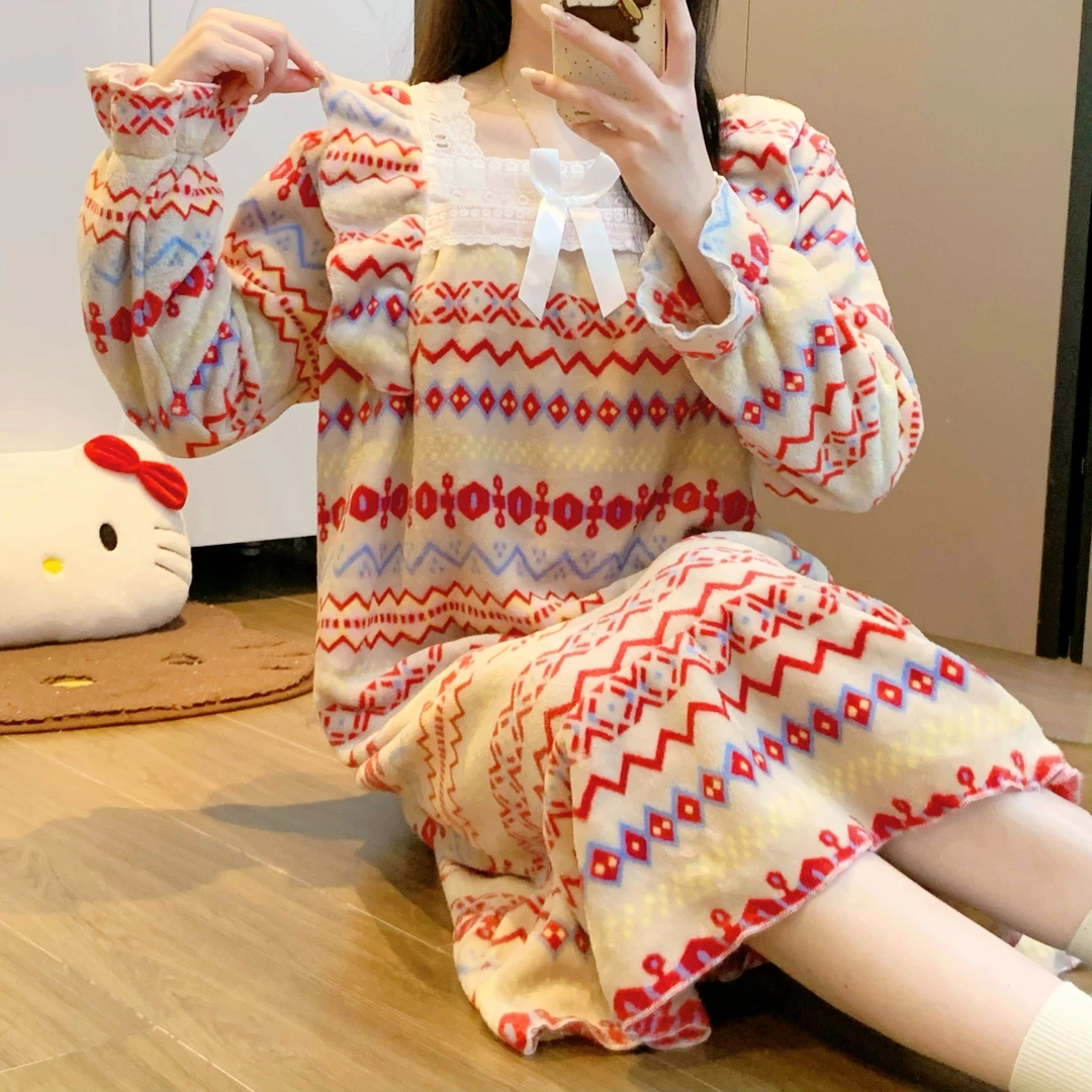 睡衣女秋冬季睡裙珊瑚绒加绒加厚法兰绒女士甜美家居服冬天连衣裙