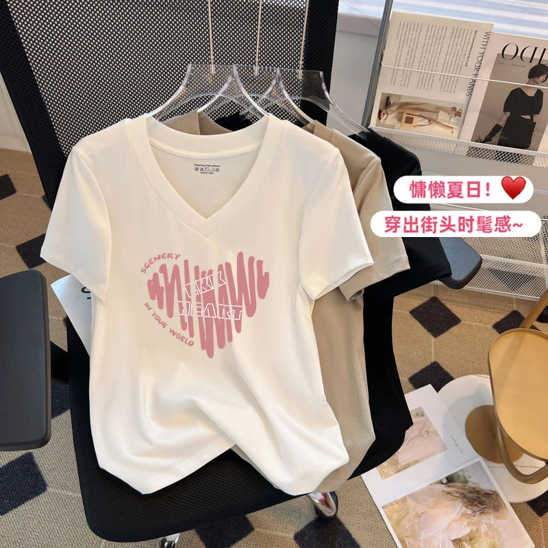 夏季新款V领短袖T恤女宽松显瘦百搭正肩鸡心领上衣