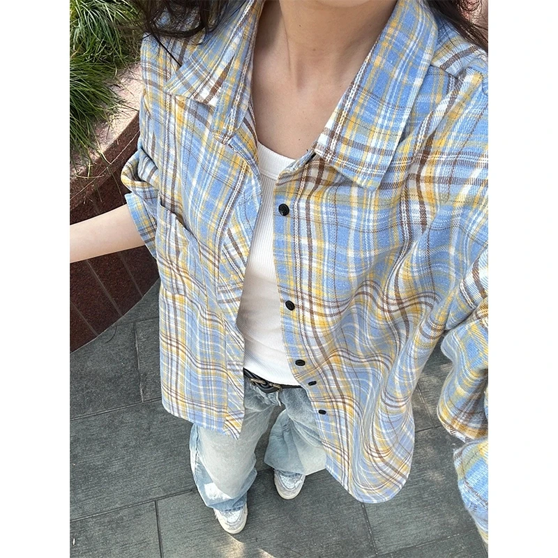 显白神器~黄蓝格子长袖衬衫男女款春季防晒格纹衬衣美式情侣外套