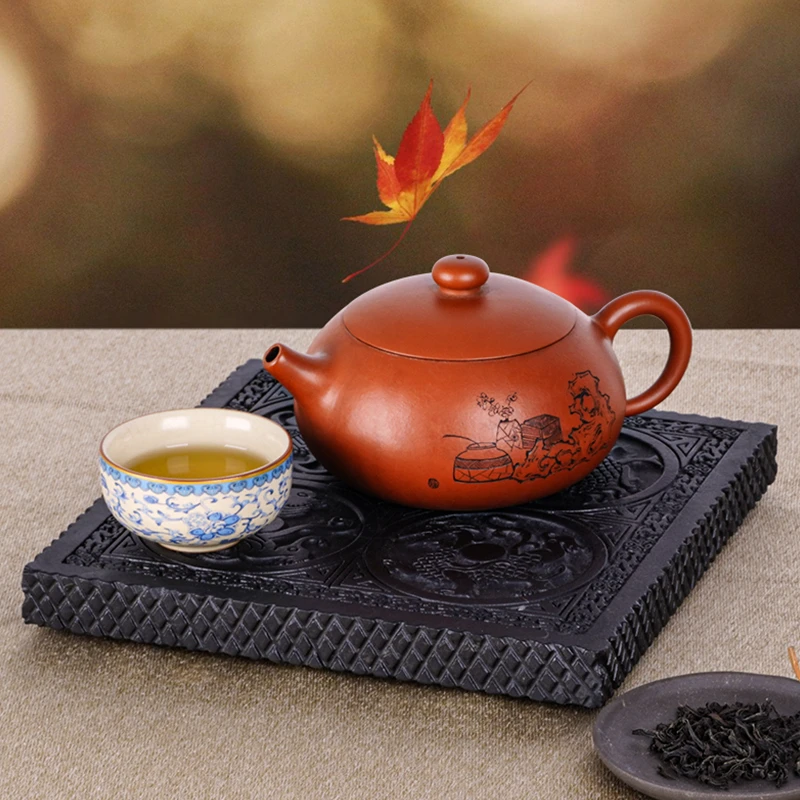 手工雕刻壶承墨玉黑石头底座隔热茶室仿古装饰莲花祥云杯垫底托