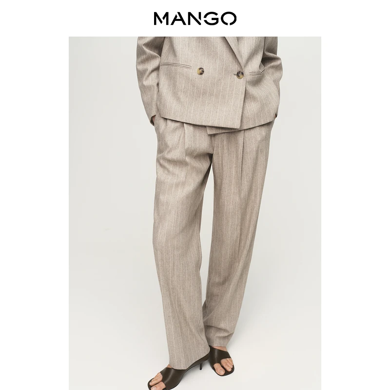 MANGO女装裤子2025秋装新款简约舒适直筒松紧腰竖条纹休闲长裤