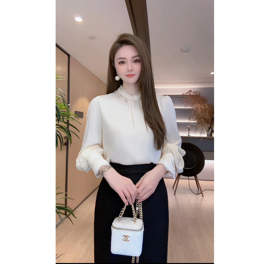 【深圳米熙儿】新款高端镶钻蕾丝钉珠灯笼袖衬衫Y218