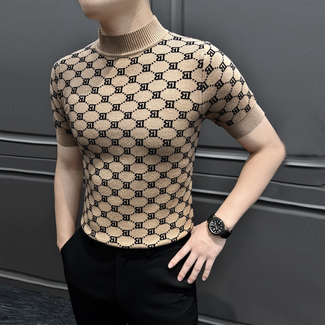 半高领男士短袖t恤2025新款时尚潮流男装字母提花针织打底衫男款