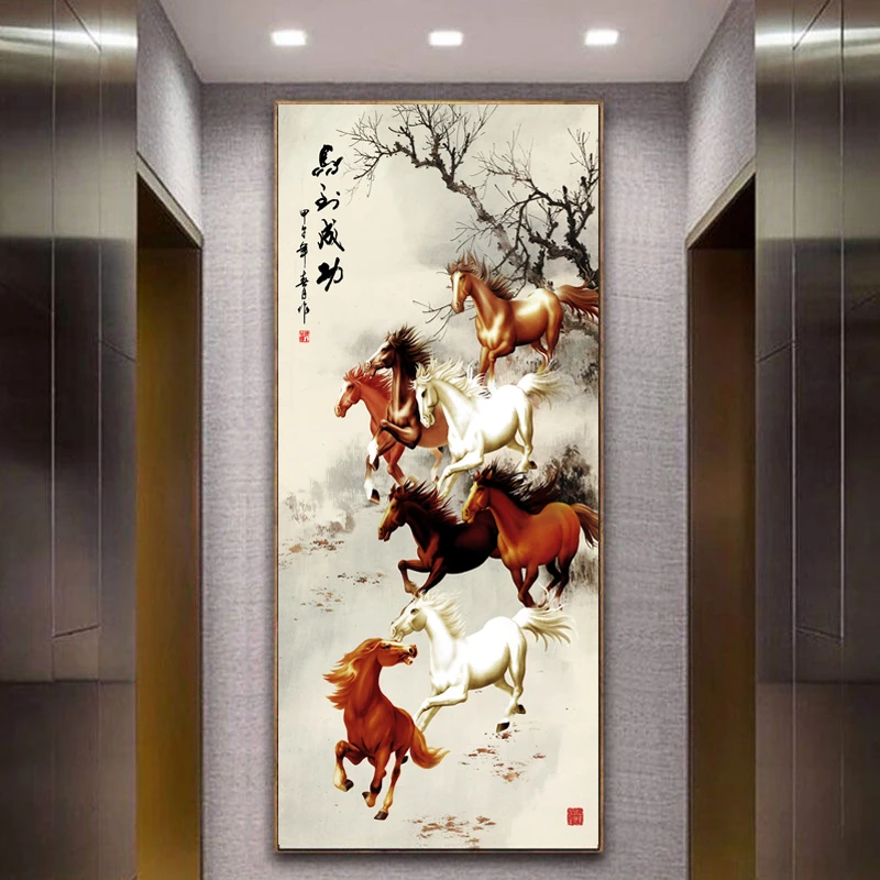 6351-八骏图马到成功平面玄关装饰画入户走廊过道大气装饰画