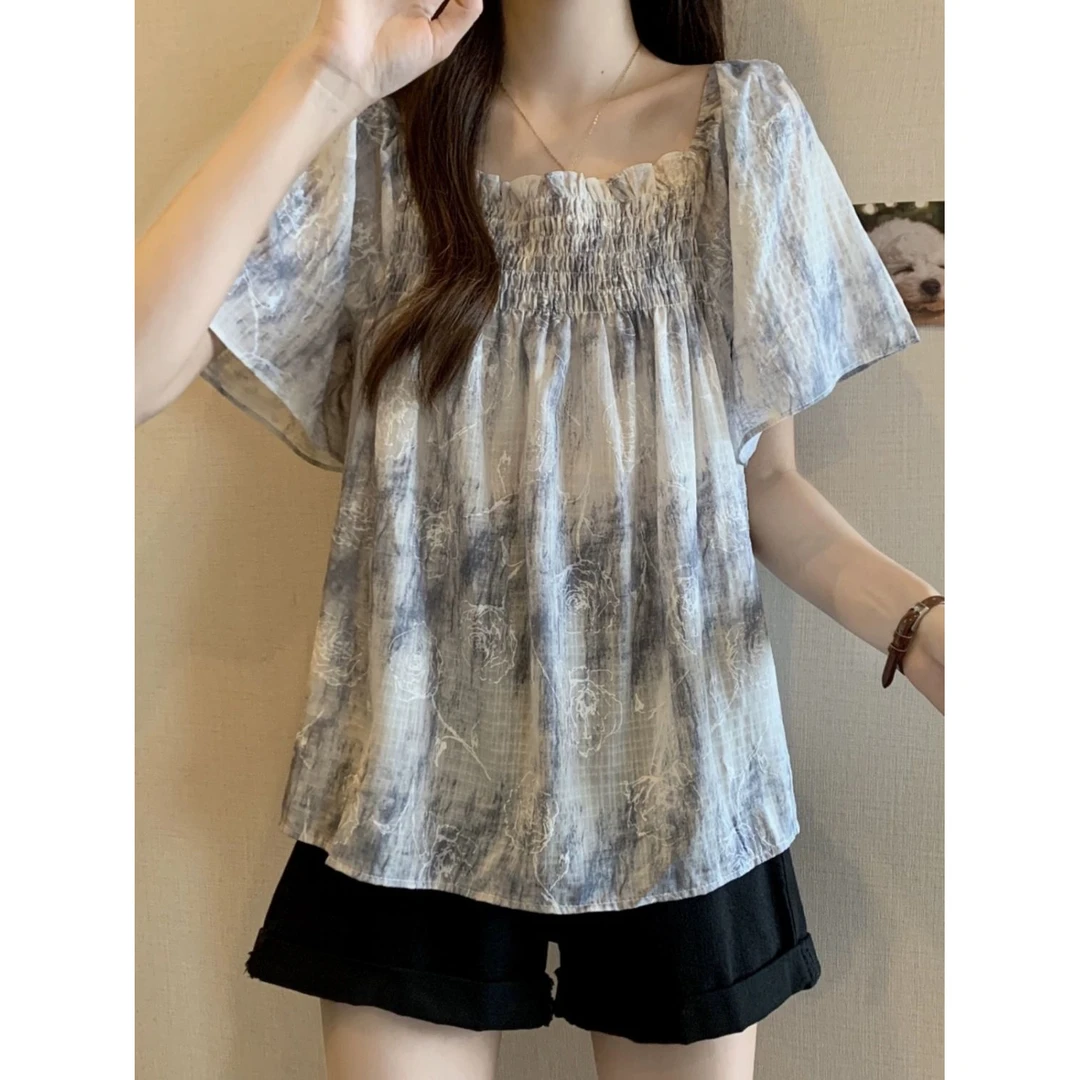 法式扎染雪纺短袖衬衫女夏大码胖mm遮肚娃娃衫超好看独特显瘦上衣