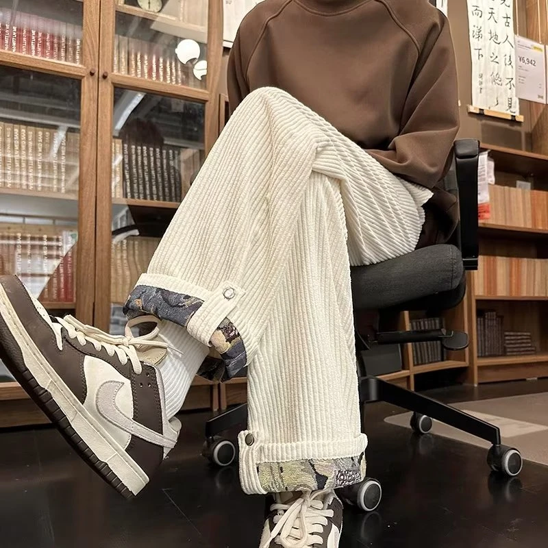 港风灯芯绒休闲裤男直筒裤潮流2025年高街潮流嘻哈炸街bf港风chic