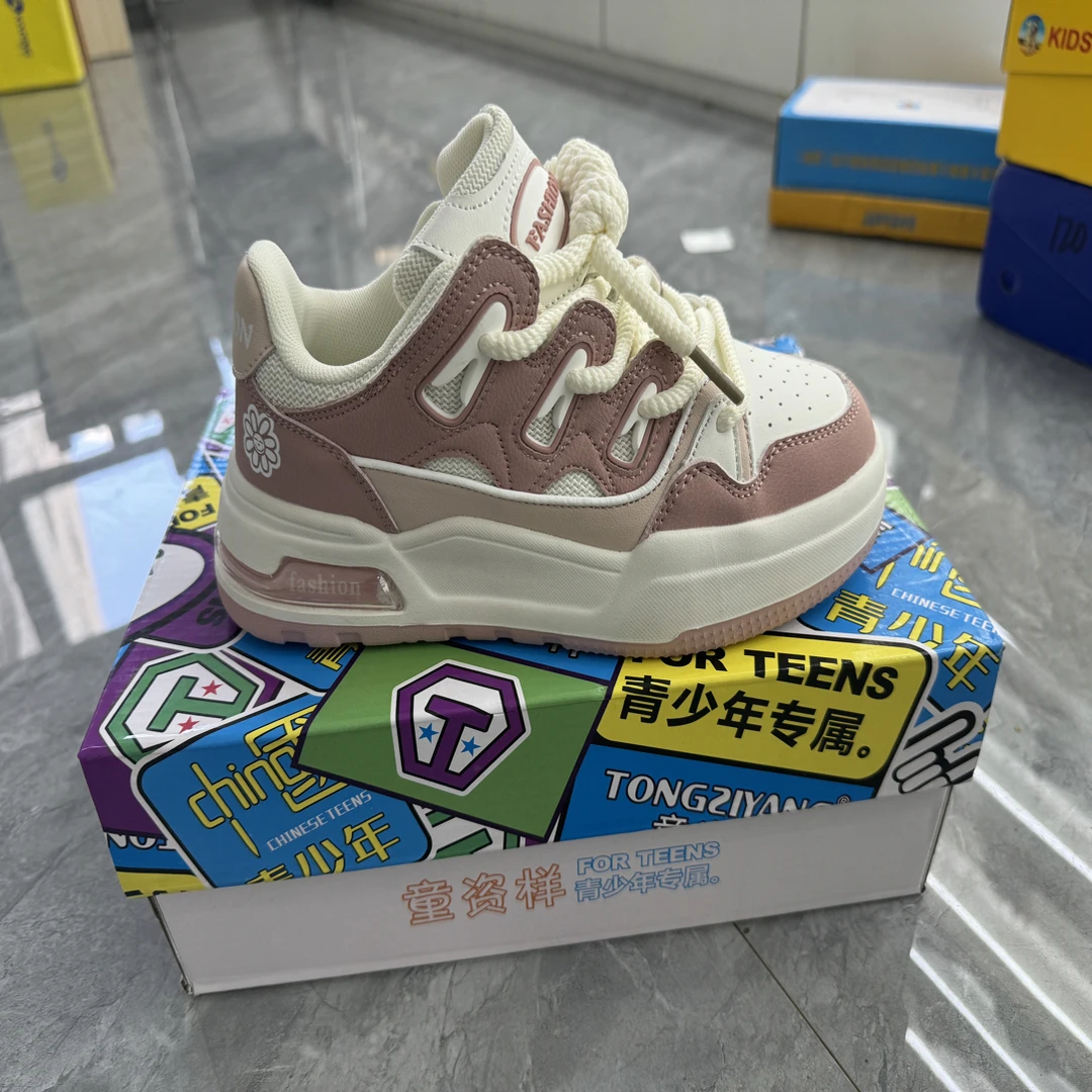 单色女童面包底系带休闲板鞋韩版老爹鞋青少年时尚