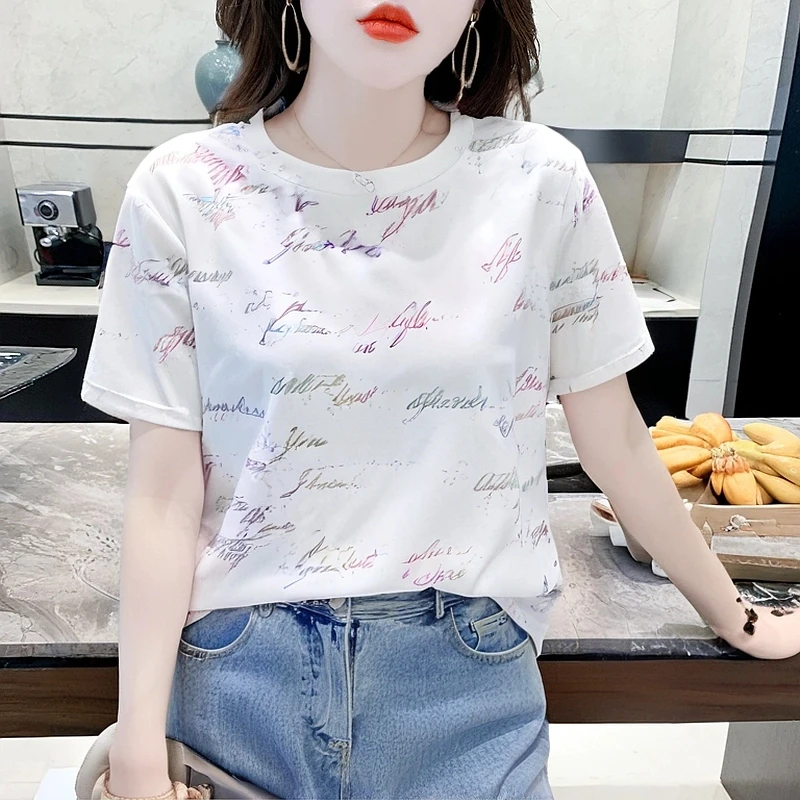 潮流洋气宽松显瘦短袖t恤女2025夏季新款韩版时尚百搭印花上衣服