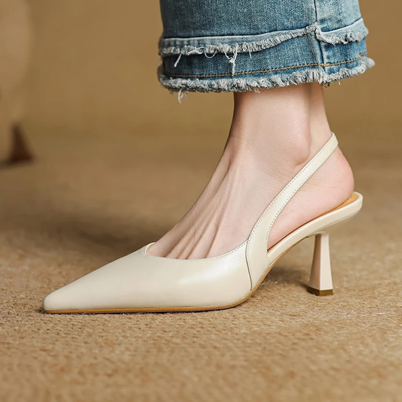 牛皮7cm性感气质尖头高跟鞋子百搭轻奢细跟后绊带宴会包头凉鞋女