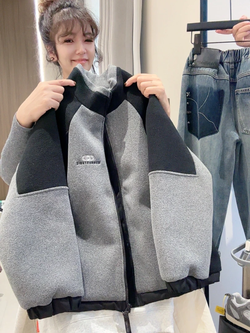 韩国男童痞帅拼色摇粒绒立领外套秋冬季女孩时尚宽松夹棉夹克上衣