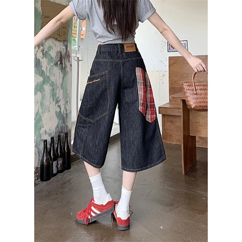 美式格纹拼接设计感七分牛仔裤女夏季新款复古水洗宽松阔腿中裤潮