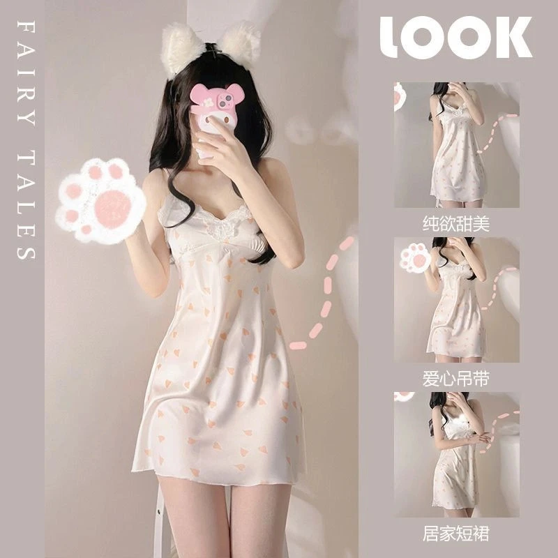 ins日系软妹少女吊带睡裙女夏季薄款甜美大码性蕾丝冰丝聚拢