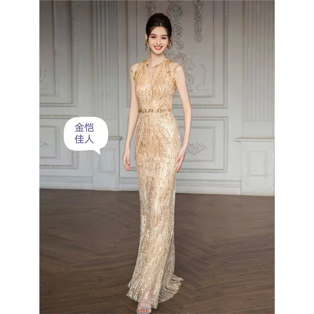 金恺佳人高端金色亮片宴会新娘敬酒鱼尾连衣裙长裙显瘦晚礼服长款