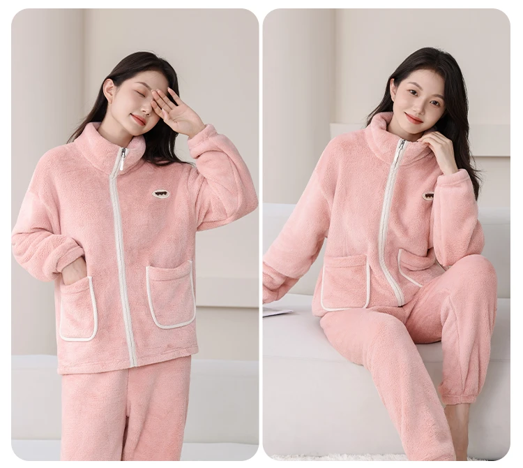 QY576 808款 男女款秋冬绒绒睡衣套装 情侣两件套