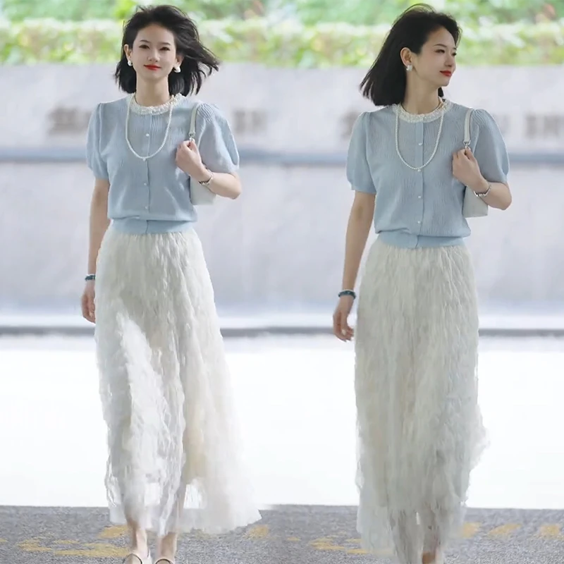 2025夏季钉珠短袖针织开衫皱皱百褶半身裙子超仙御姐风显瘦两件套