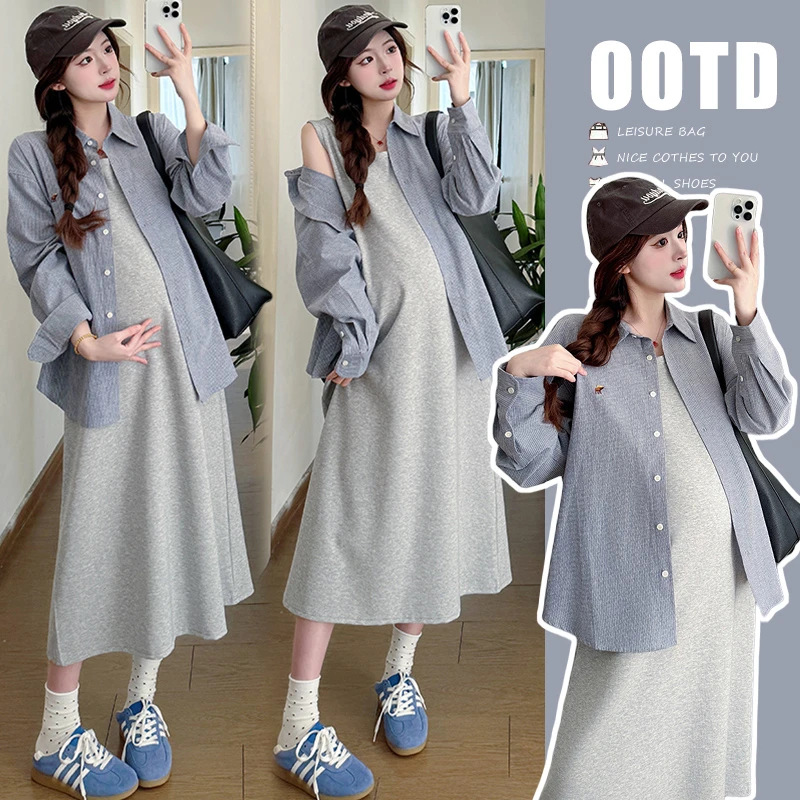 【婕米】2025新款春秋气质背心连衣裙+洋气宽松落肩袖条纹衬衫套装