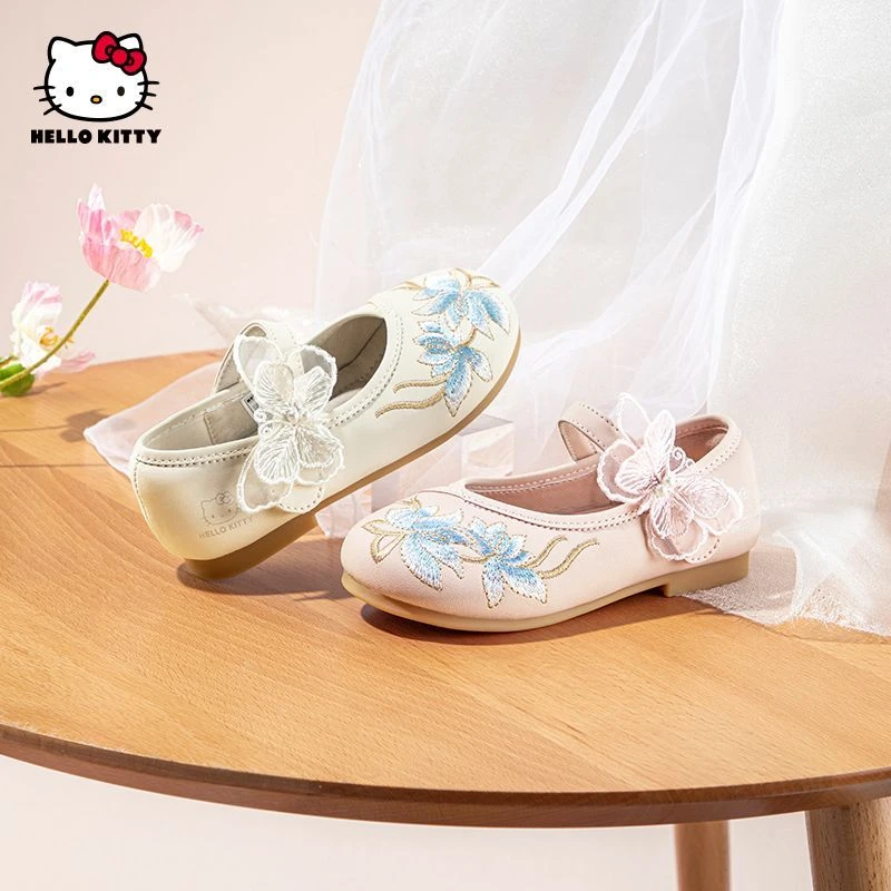 Hello Kitty儿童新款女童学步宝宝鞋软底国风刺绣透气防滑平底鞋