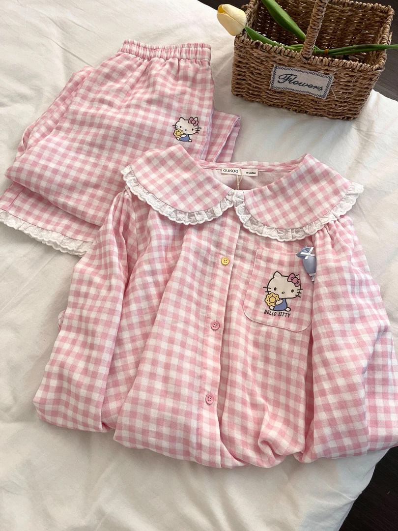 【DMXJ大梦想家】少女格子凯蒂猫睡衣女夏季可爱韩版长裤家居服套装