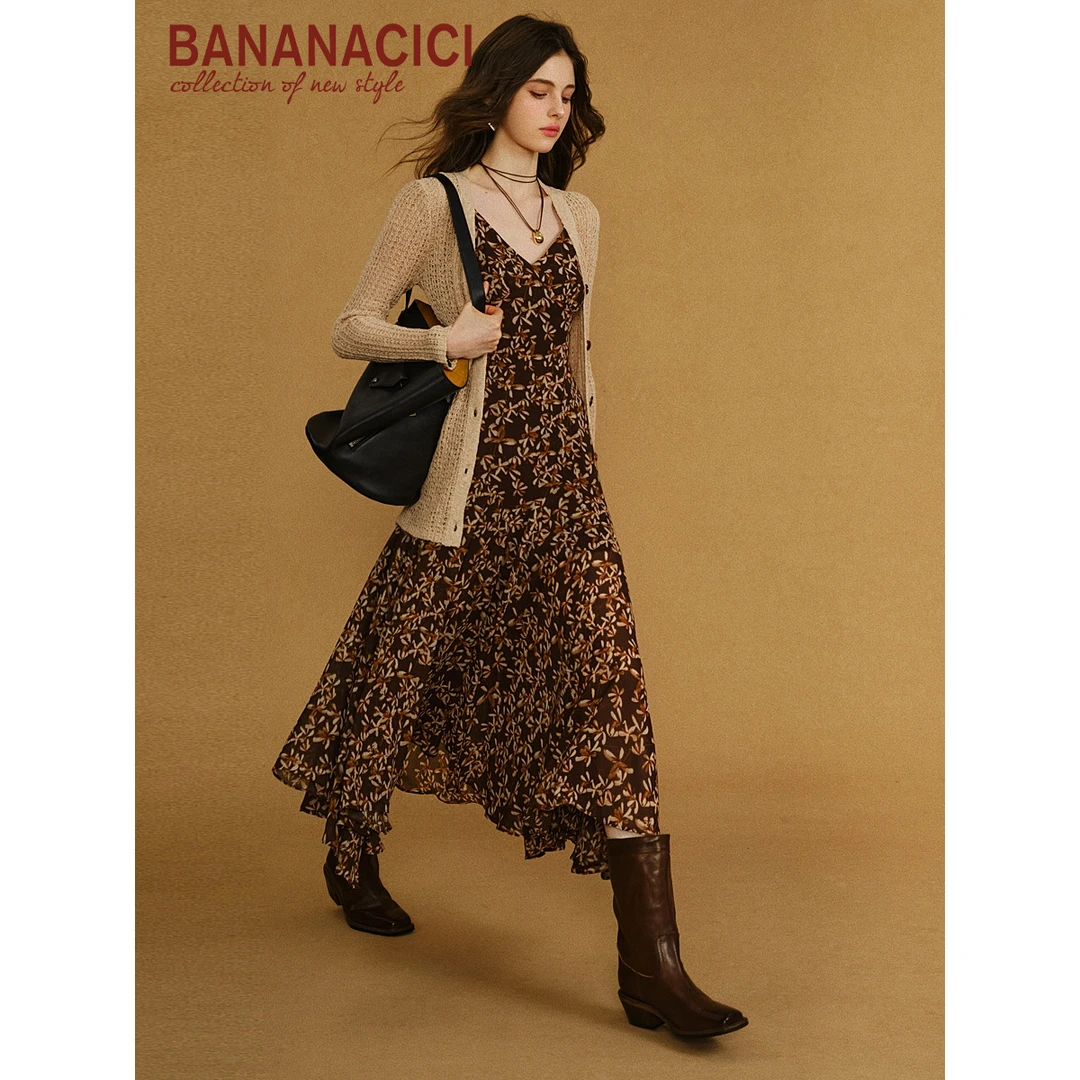 BANANA CICI2025年秋季新款复古小众浪漫印花不规则雪纺吊带长裙