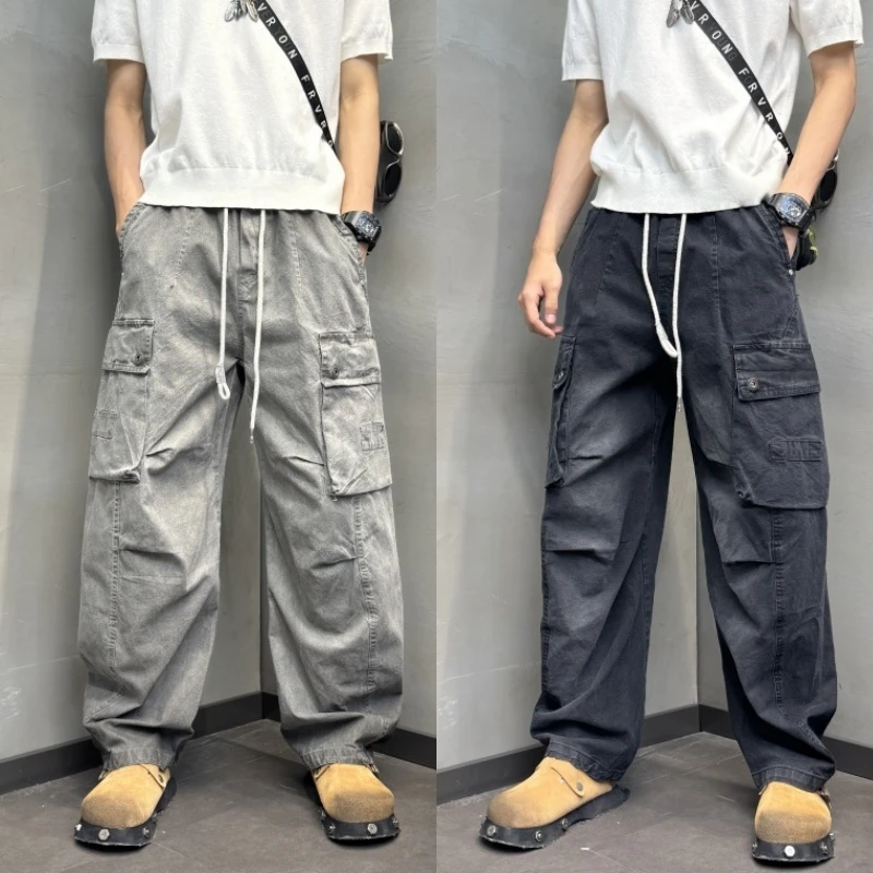 男款裤子广州复古做旧大口袋工装裤男士新款美做旧阔腿牛仔工装裤
