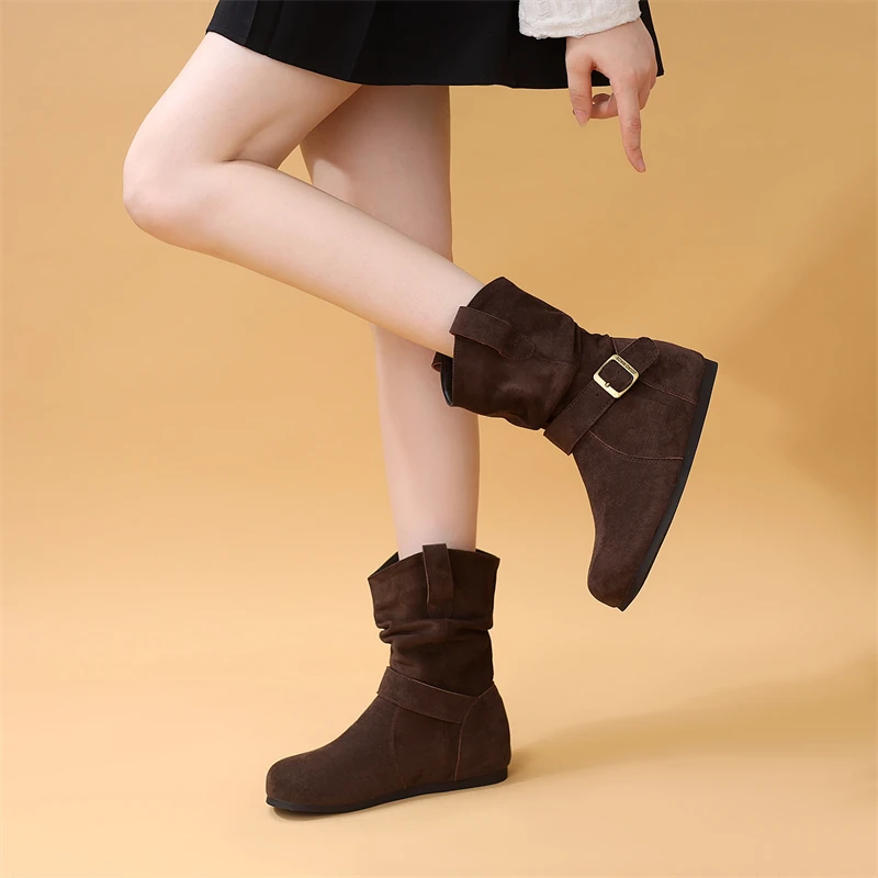 2025秋季堆堆靴复古褶皱废土风内增高瘦瘦靴棕色美拉德短靴西部靴
