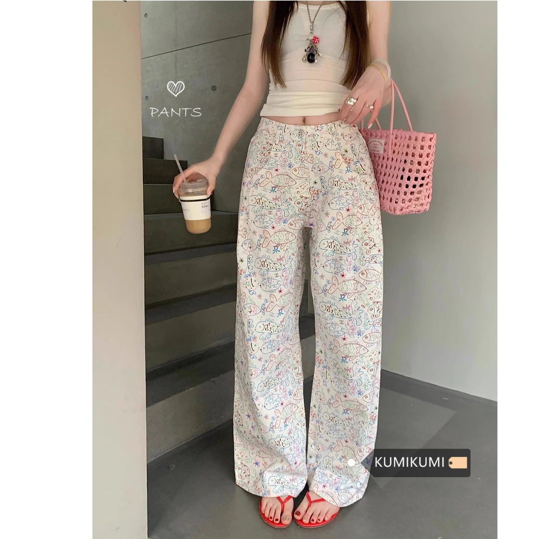 香奶奶小鱼裤女白色卡通印花直筒阔腿裤女2025辣妹宽松休闲拖地裤