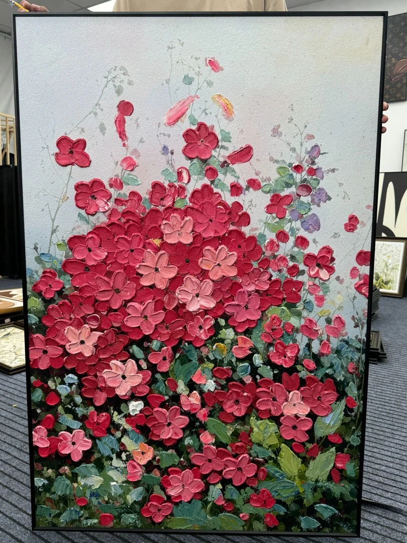 a70手工肌理蔷薇花油画轻奢大气客厅沙发背景墙装饰画