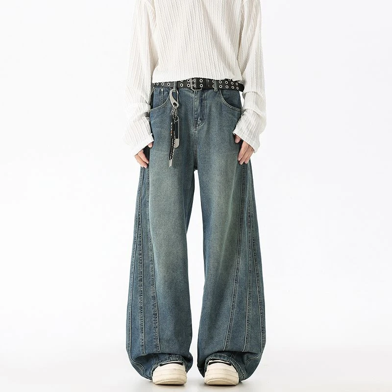 2025新款美式高街潮牌阔腿弯刀牛仔裤男女大码宽松直筒拖地长裤子