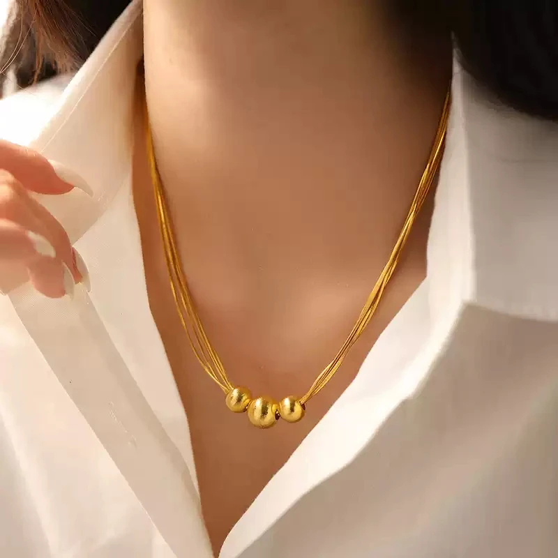 合金项链 轻奢百搭高级感锁骨链女时尚复古小众金色ins圆珠项链