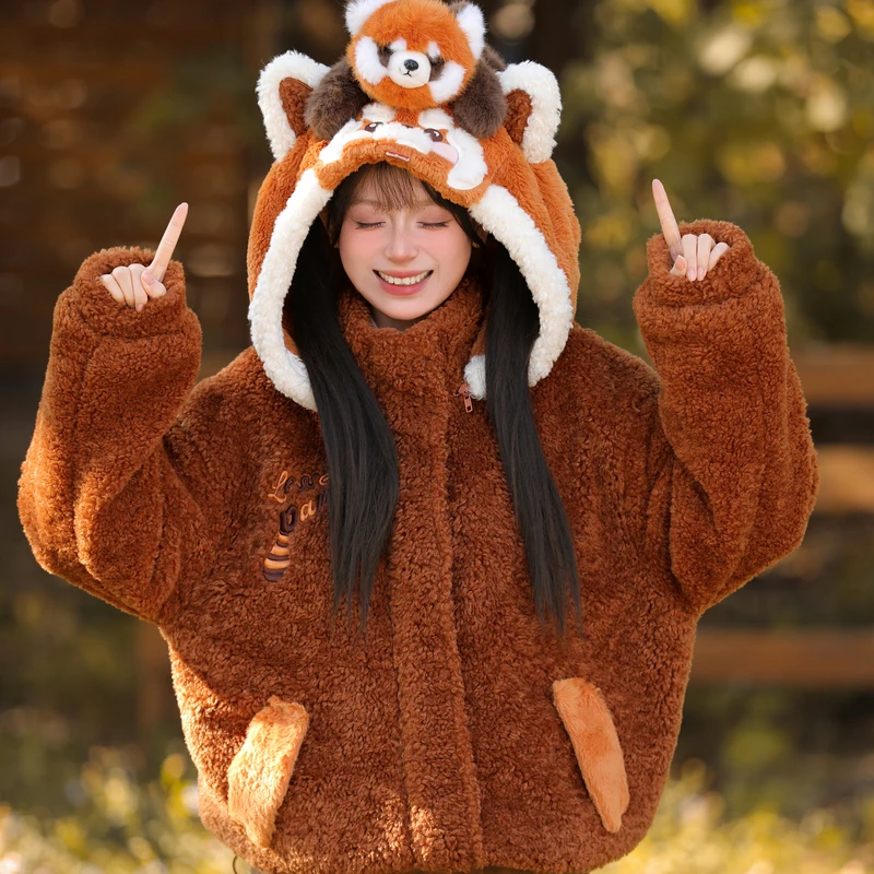 森女部落萌趣可爱小熊猫毛绒连帽外套女2025新款宽松百搭绒衫冬