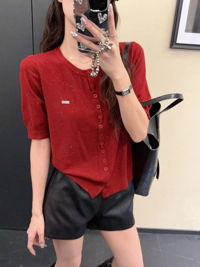 短袖圆领薄款衬衫毛针织衫百搭小众欧美风女夏季纯色