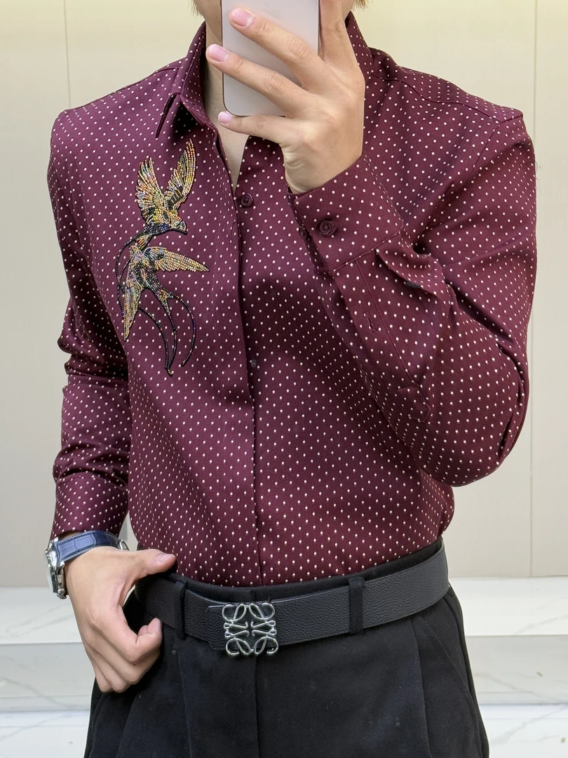 男士冬季新款加厚轻奢潮流红色长袖衬衫