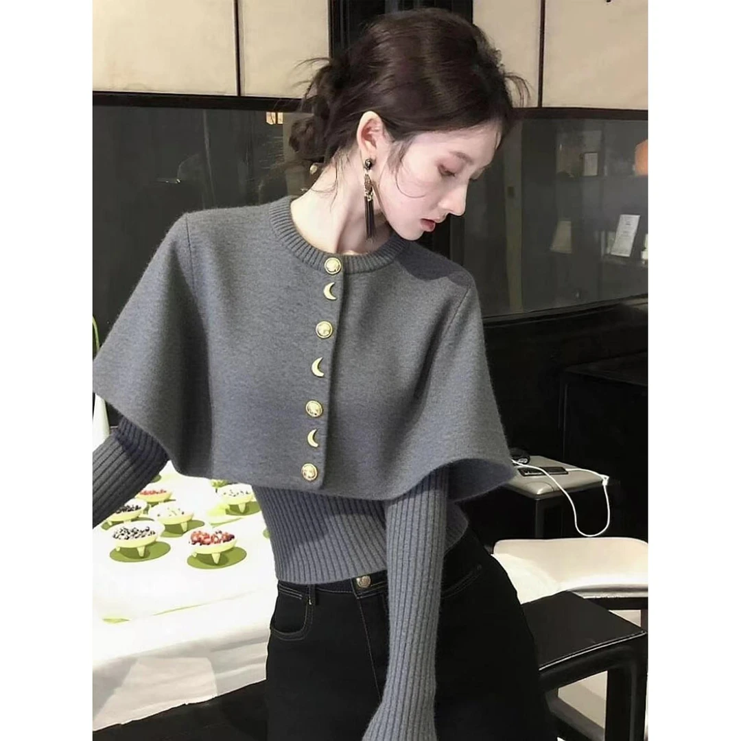 SS5088高级深灰色斗篷披肩毛衣女秋冬针织打底衫两件套修身上衣