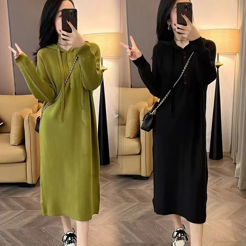 紫色秋冬季慵懒风爆款连帽连衣裙长裙配大衣遮肉显瘦直筒毛衣裙子