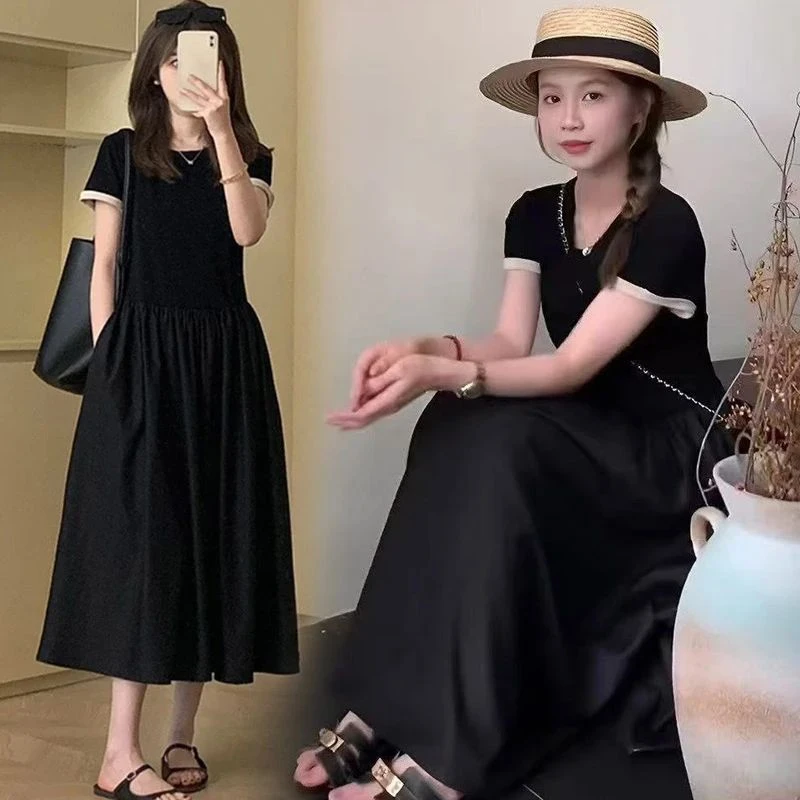 时髦孕妇连衣裙夏季新款时尚韩版休闲简约小个子中长款显瘦黑色裙