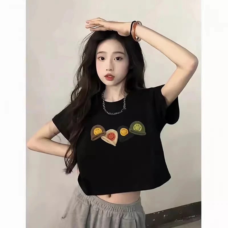 正肩黑色短款t恤女宽松显瘦韩版纯棉短袖上衣百搭宽松版t恤女时尚