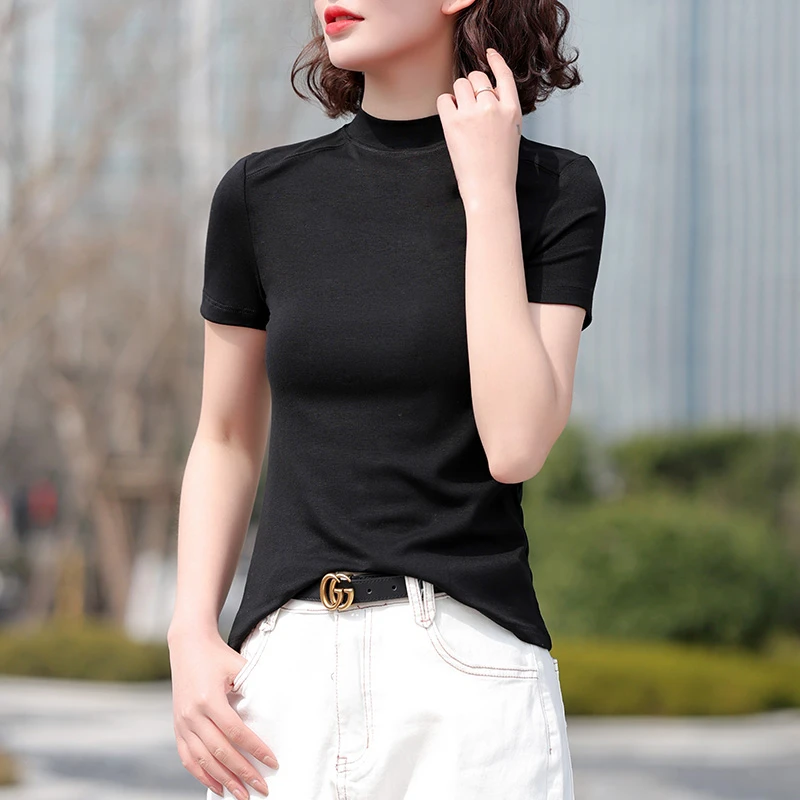 女士纯棉T恤半高领大码短袖法式修身黑色打底衫圆领夏季时尚显瘦