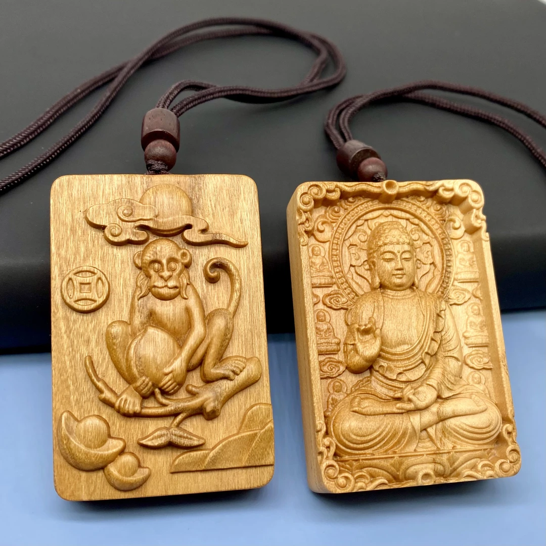 桃木十二生肖八大人物精雕双面原木原色